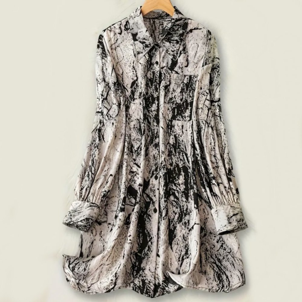 Marble Print Long-Sleeve Challis Blouse/Mini Dress with Front Pocket